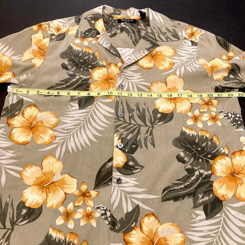 Brandini 100% Silk Hawaiian Shirt Men's Medium Green Yellow Hibiscus Palm Casual